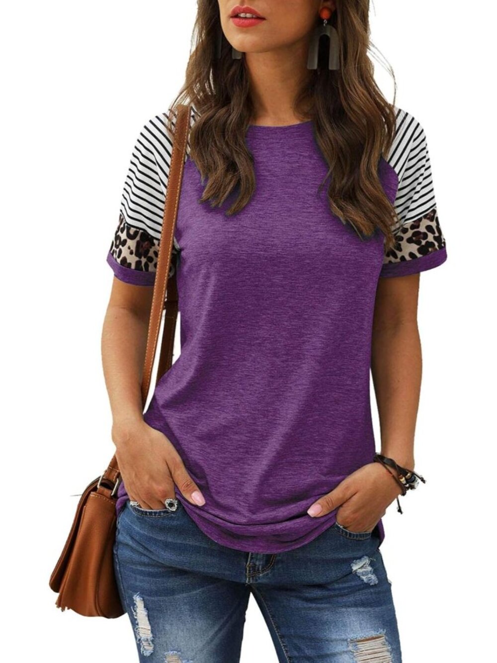 Women's Purple Summer Casual Shirts Short Sleeve Striped Tunic Tops Blouses